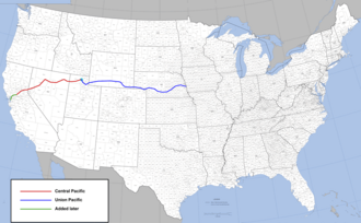 Route of the first transcontinental railroad across the western United States (built, 1863–1869)