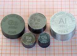 One-troy-ounce (480 gr; 31 g) samples of germanium, iron, aluminium, rhenium and osmium. The differences in size are due to differences in density.