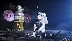 An artist's rendition of an Artemis astronaut wearing the xEMU spacesuit and xPLS life support backpack during an EVA on the Moon.