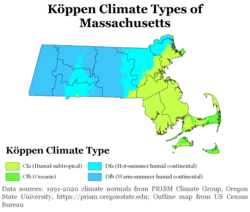 Koppen climate types of Massachusetts