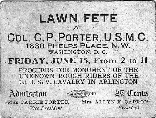 Ticket for a 1906 fund-raising event to help finance a monument for the Rough Riders erected later in 1906
