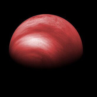 Ultraviolet picture (with arbitrary color) of Venus. The clouds betray the extremely fast winds at mid levels of the atmosphere, which circumnavigate the globe in just four days, August 2008