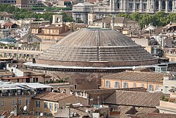 Exterior of the Roman Pantheon, finished 128 AD, the largest unreinforced concrete dome in the world.[16]