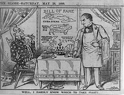 A cartoon of Uncle Sam seated in restaurant looking at the bill of fare containing "Cuba steak", "Porto Rico pig", the "Philippine Islands" and the "Sandwich Islands" (Hawaii)