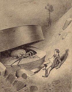 First Martian emerging from the cylinder that had fallen from the sky. Illustration by Henrique Alvim Corrêa for the 1906 edition.