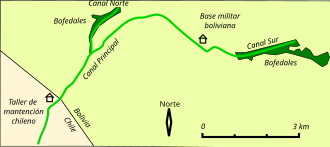 Map of the bofedales at the sources of Silala River next to the Bolivia–Chile border.