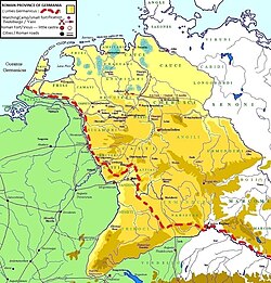 A map depicting the short-lived Roman province of Germania Antiqua, situated between the Rhine and Elbe rivers, a region which the early Roman Empire attempted to conquer and control
