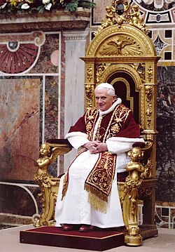 Benedict on a throne in the Apostolic Palace in the Vatican, 2011