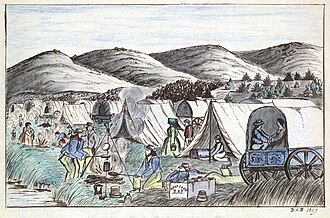An encampment of tents and covered wagons on the Humboldt River in Nevada, 1859