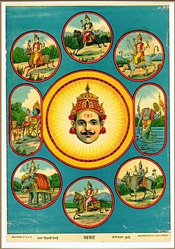 Navagraha, Sun at the center surrounded by the planets, Painting by Raja Ravi Varma