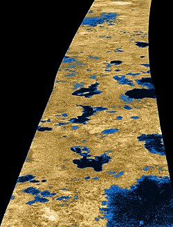 Perspective radar view of Titan's Bolsena Lacus (lower right) and other northern hemisphere hydrocarbon lakes