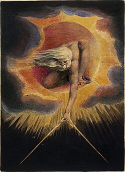 Urizen − from Blake's Ancient of Days, 1794. The "Ancient of Days" is described in Chapter 7 of the Book of Daniel. This image depicts Copy D of the illustration currently held at the British Museum.[86]