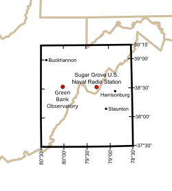 A map showing the extent of the United States National Radio Quiet Zone.
