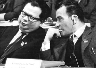 International Relations Secretary Hermann Axen (left) and PCI Politburo member Pietro Ingrao (right) at the 7th Party Congress, 18 April 1967