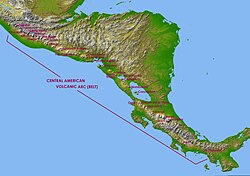 Map of the Central American volcanic arc, with captions showing the location of several volcanoes – in the Mexico/Guatemala border: Tacaná; in Guatemala: Tajumulco, Santa Maria, Chicabal, Tolimán, Atitlán, Volcán de Fuego, Volcán de Agua, Pacaya, Chingo; in El Salvador: Apaneca Range, Chinchontepec or San Vicente, Chaparrastique or San Miguel, Chinameca and Conchagua; in Nicaragua: Cosiguina, Telica, Cerro Negro, Momotombo, Apoyeque-Chiltepe, Mombacho and Concepción; in Costa Rica: Orosí, Rincón de la Vieja, Miravalles, Arenal, Barva, Turrialba and Irazú; in Panama: Barú and La Yeguada.
