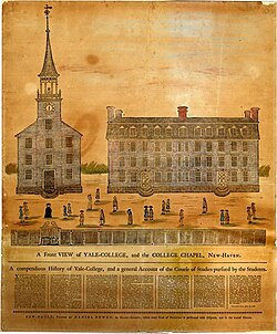 Front view of "Yale-College" and the chapel, printed by Daniel Bowen in 1786