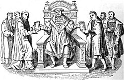 Confutatio Augustana and Confessio Augustana being presented; this picture is somewhat ahistorical because a written copy of the Confutatio was never provided by the Catholics; rather they had to go off of stenographers they had brought with them just in case the Catholics wouldn't give them a copy.