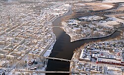 The Kokemäki River (Kokemäenjoki) flows through the city of Pori in Satakunta, Finland. Its delta, where the delta islands remain between the distributaries, starts near the centre.