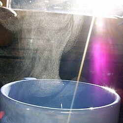 Aerosol of microscopic water droplets suspended in the air above a cup of hot tea after the water vapor has sufficiently cooled and condensed. Water vapor is an invisible gas, but the clouds of condensed droplets refract and scatter the sunlight and are thus visible.