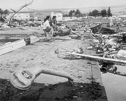 Aftermath of the 1960 Chilean tsunami in Hilo, Hawaiʻi, where the tsunami left 61 people dead and 282 seriously injured. The waves reached 35 feet (11 m) high.