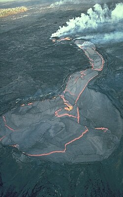 Aerial view of a lava lake atop the Kūpaʻianahā vent on the east rift zone of Kīlauea volcano.