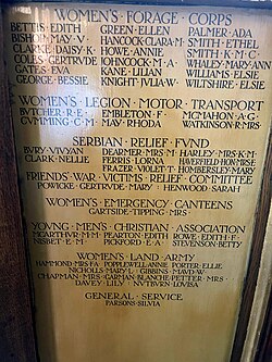 Oak panel from York Minster's Five Sisters window memorial including ten Women's Land Army who died in the line of service