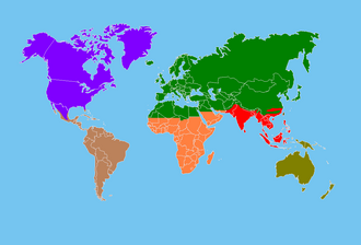 Map of six of the world's eight biogeographic realms Nearctic Palearctic Afrotropic Indomalaya Australasia Neotropic Oceania and Antarctic realms not shown
