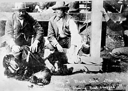 Photo from a contemporary postcard showing Tom Ketchum's decapitated body. Caption reads "Body of Black Jack after the hanging showing head snapped off."