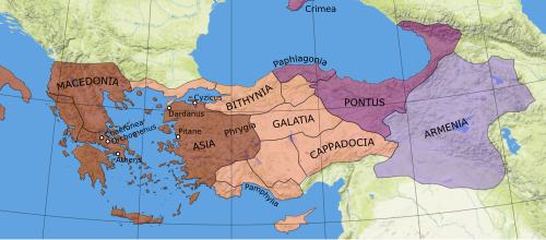 The state of the eastern Mediterranean on the eve of the First Mithridatic War, with Roman Asia and its client states spanning east towards Pontus (itself on the southern coast of the Black Sea).