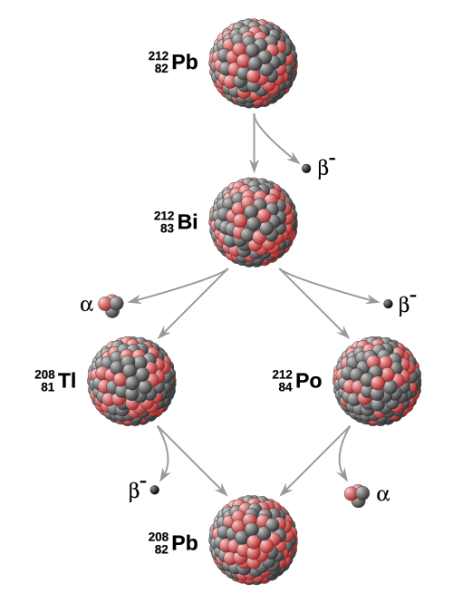 Example of a radioactive decay chain from lead-212 (212Pb) to lead-208 (208Pb) . Each parent nuclide spontaneously decays into a daughter nuclide (the decay product) via an α decay or a β− decay. The final decay product, lead-208 (208Pb), is stable and can no longer undergo spontaneous radioactive decay.