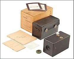 An original Kodak camera, complete with box, camera, case, felt lens plug, manual, memorandum and viewfinder card