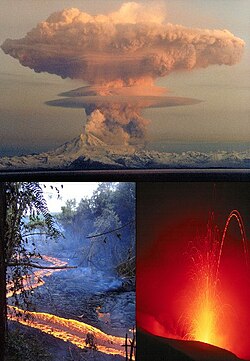 Some of the eruptive structures formed during volcanic activity (counterclockwise): a Plinian eruption column, Hawaiian pahoehoe flows, and a lava arc from a Strombolian eruption