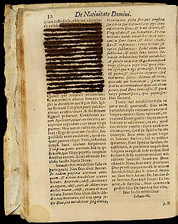 This 1688 edition of Jacobus de Voragine's Golden Legend (1260) was censored according to the Index Librorum Expurgatorum of 1707, which listed the specific passages of books already in circulation that required censorship.[26][27]