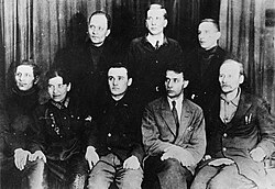 Members of the Group for the Study of Reactive Motion (GIRD). 1931. Left to right: standing I.P. Fortikov, Yu A Pobedonostsev, Zabotin; sitting: A. Levitsky, Nadezhda Sumarokova, Sergei Korolev, Boris Cheranovsky, Friedrich Zander