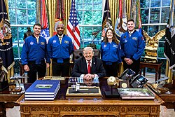 President Donald Trump and the crew of Artemis II in the Oval Office on April 29, 2026