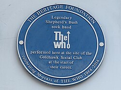 Plaque at the Goldhawk Social Club in Shepherd's Bush, London, marking early performances by The Who