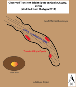 Locations of observed transient bright spots on Ganis Chasma, Venus. Modified from Shalygin (2014)