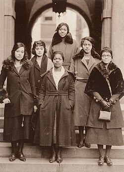 Members at the 1921 national convention (l to r): front, Virginia Margaret Alexander, Julia Mae Polk, Sadie Tanner Mossell; row 2, Anna R. Johnson, Nellie Rathbone Bright, Pauline Alice Young