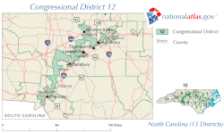 Shaw v. Reno was a United States Supreme Court case involving the redistricting and racial gerrymandering of North Carolina's 12th congressional district (pictured).