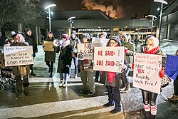 Demonstrators protesting against Cosby in Kitchener, Ontario, Canada