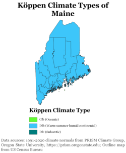 Köppen climate types of Maine, using 1991–2020 climate normals