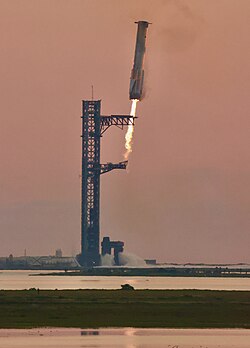 Super Heavy Booster 12 approaching the tower during Starship flight test 5 on October 13, 2024