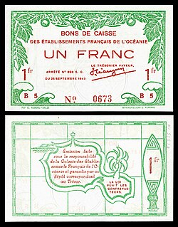 A one-franc World War II banknote (1943), printed in Papeʻete, depicting the outline of Tahiti on reverse