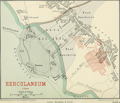 Herculaneum plan showing the ancient site below the modern (1908) town and the 1631 "lava" flow