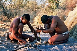 Starting fire by hand, San people in Botswana