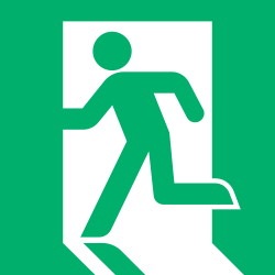 ISO 7010 standard (1987) exit sign, used since 1982 in Japan.