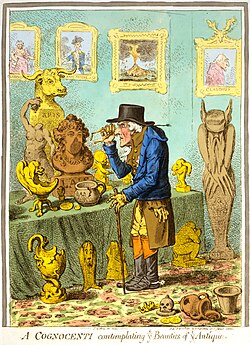 In A Cognocenti contemplating ye Beauties of ye Antique (1801), by James Gillray