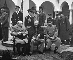 The "Big Three" at the Yalta Conference in 1945; seated (from the left): Winston Churchill, Franklin D. Roosevelt and Joseph Stalin
