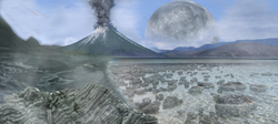 Artist's depiction of the Moon in Earth's sky as it might have appeared around 4 billion years ago, after the Late Heavy Bombardment. At that time the Moon orbited the Earth at a third of its current distance, making it appear 2.8 times larger in apparent size than it does today.[63]