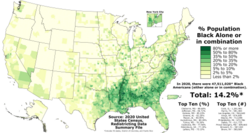 Proportion of Black Americans (alone or in combination) in each county of the fifty states, Washington, D.C., and Puerto Rico as of the 2020 United States census